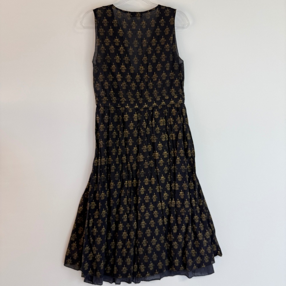 CP Shades Julia Dress Womens Small Navy Blue Gold Silk Cotton Block Print Midi - Picture 8 of 15
